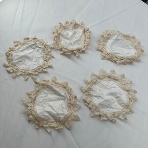 Vintage Hand‎ Embroidered Lace Sunburst Coasters Set of 5 Cottagecore